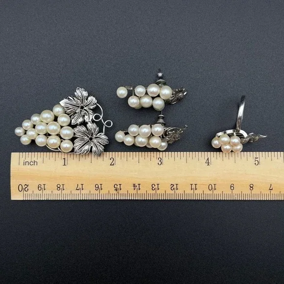 Vintage Silver Demi Parure Japan Akoya Pearl Grape Cluster Brooch Earrings Ring - Picture 3 of 7